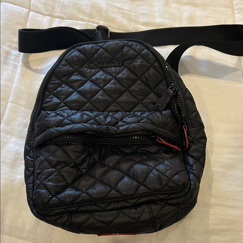 MZ Wallace Black Quilted Backpack with Red Details